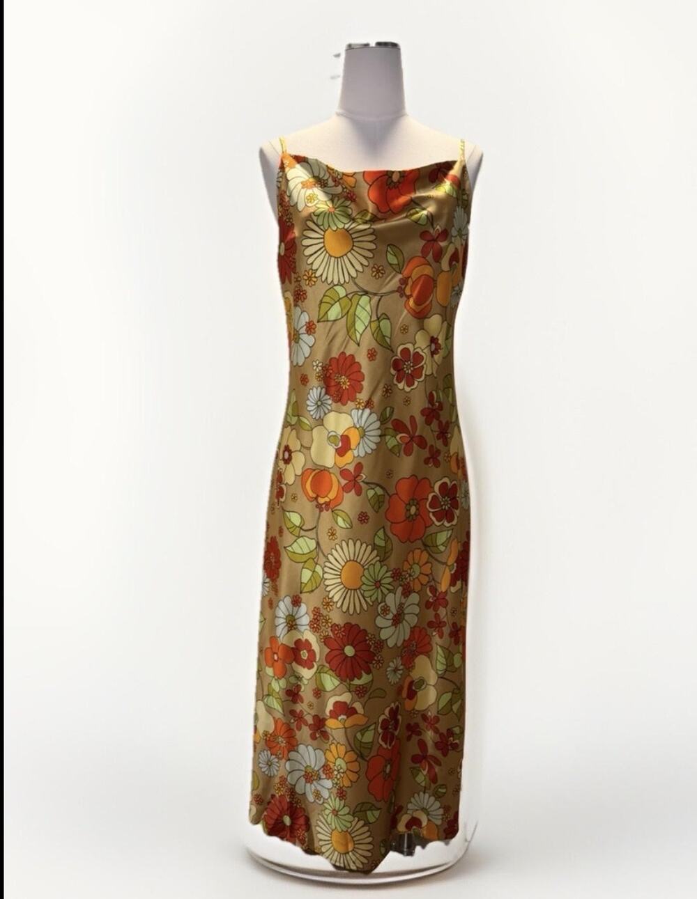 Emma & Michele Dress Womens Medium Multicolor Floral Satin Cowl Neck Slip Midi